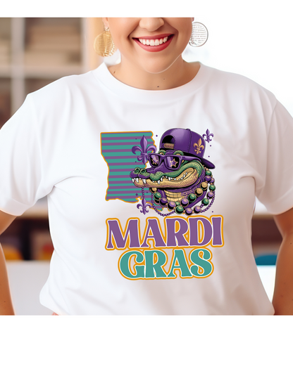 Mardi Gras T-Shirt Alligator, Hat, Beads - Holidays