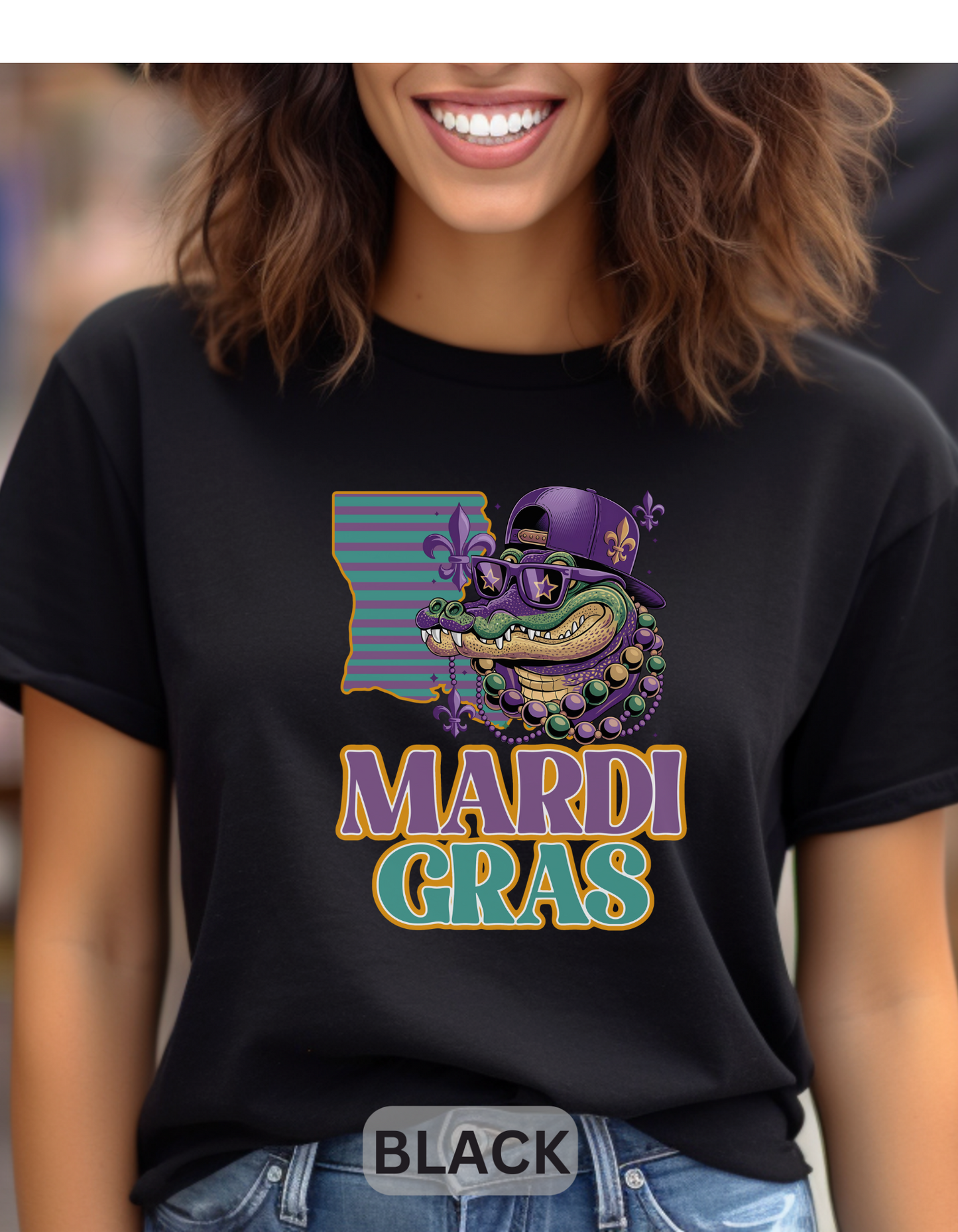 Mardi Gras T-Shirt Alligator, Hat, Beads - Holidays