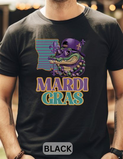 Mardi Gras T-Shirt Alligator, Hat, Beads - Holidays