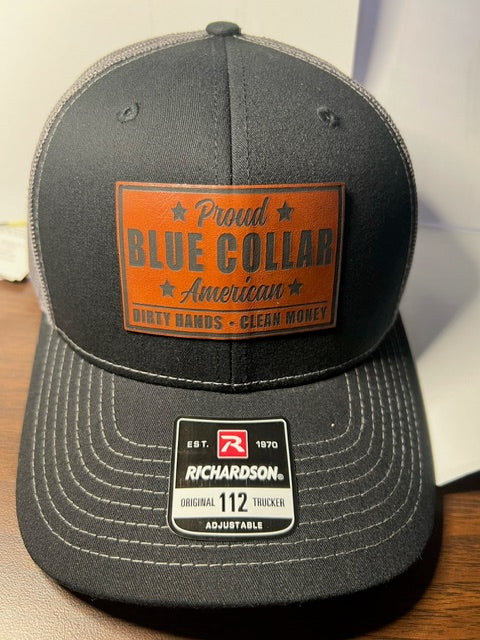 Proud Blue Collar American Leatherette Hat Patch and Richardson 112 Hats