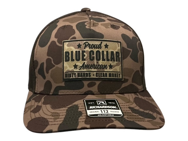 Camo Richardson Snapback hat with Blue Collar hat patch