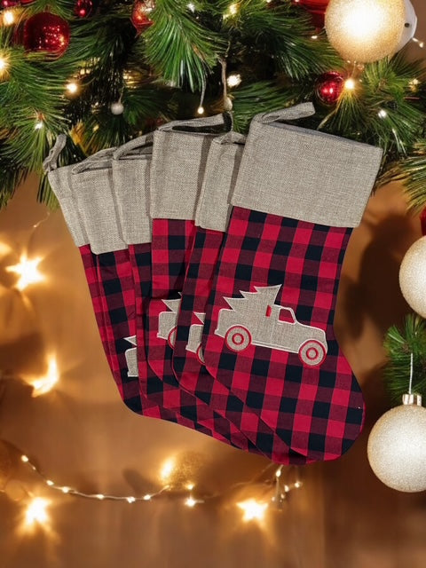 Christmas Tree Truck Burlap Plaid Stocking