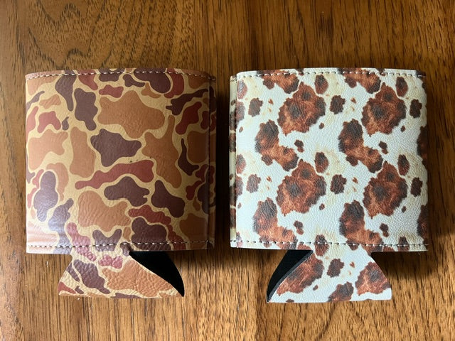 Koozie Can Coolers for drinks in Camo and Cow Print Leatherette